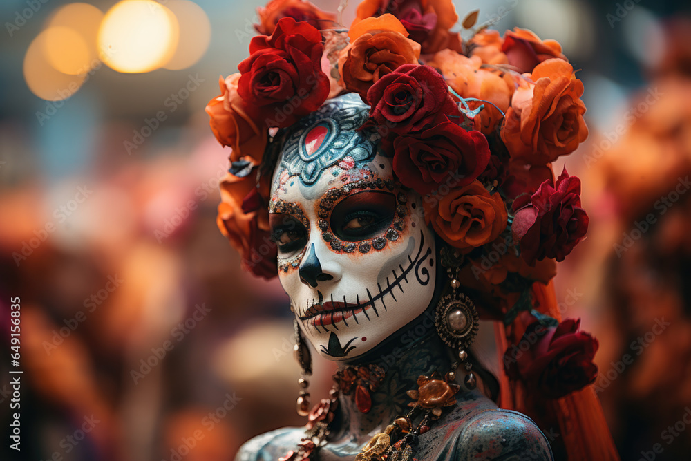 Elegant Catrinas procession with elaborate costumes in Day of the Dead celebration 