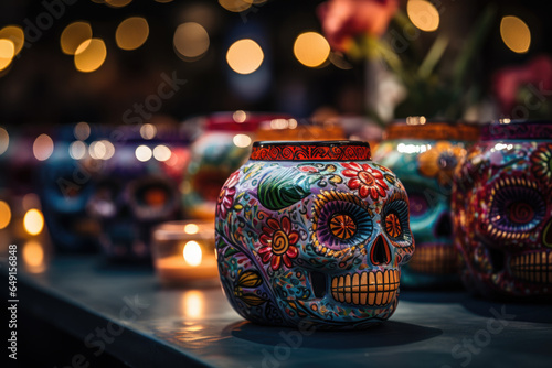Glowing candles and lanterns illuminating a festive Day of the Dead night celebration 