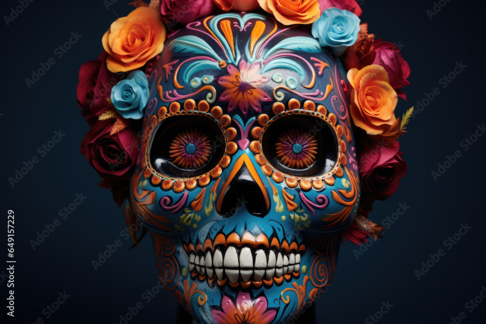 Vibrant sugar skull makeup portrayal for Day of the Dead isolated on a gradient background 
