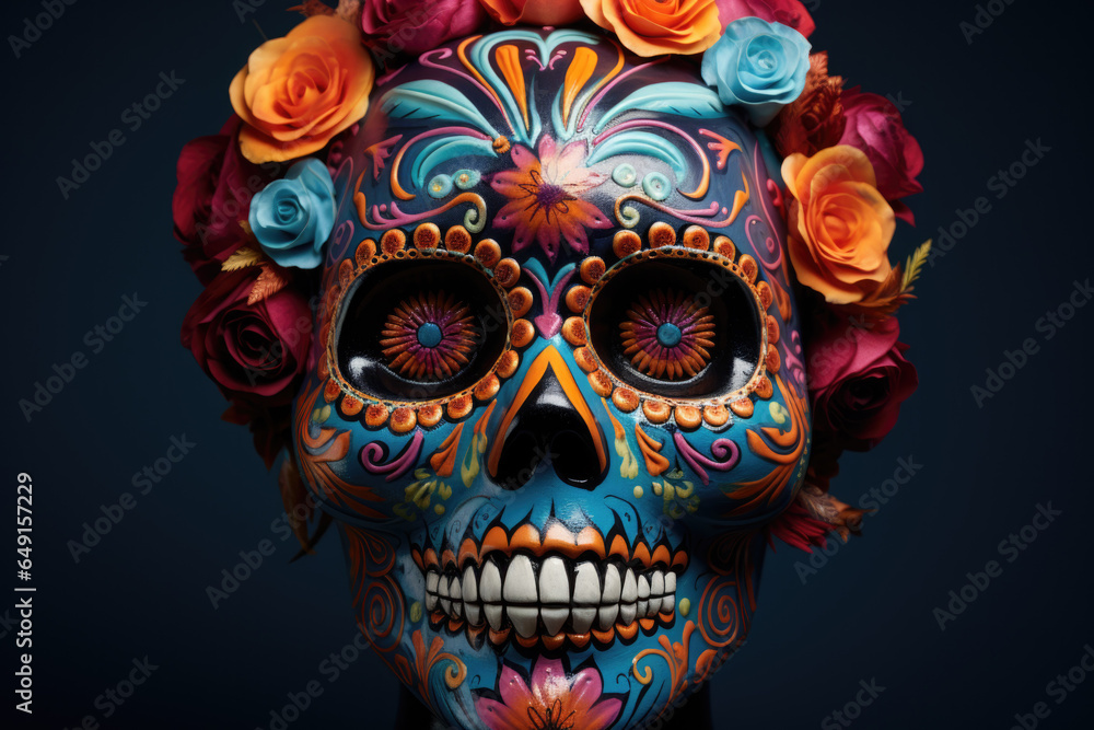 Vibrant sugar skull makeup portrayal for Day of the Dead isolated on a gradient background Vibrant sugar skull makeup portrayal for Day of the Dead isolated on a gradient background