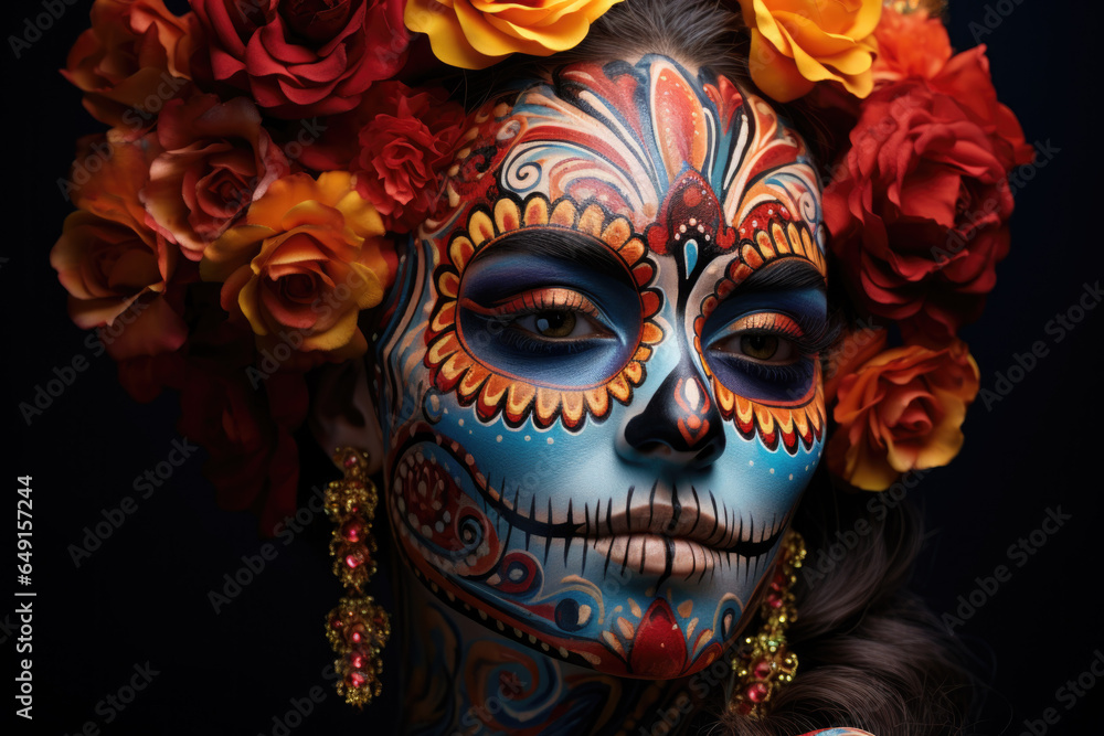 Vibrant sugar skull makeup portrayal for Day of the Dead isolated on a gradient background Vibrant sugar skull makeup portrayal for Day of the Dead isolated on a gradient background