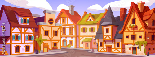 Germany town street. Old building in europe village vector landscape. Medieval european city cartoon fantasy background. Pavement texture road in ancient amsterdam with vintage cottage exterior