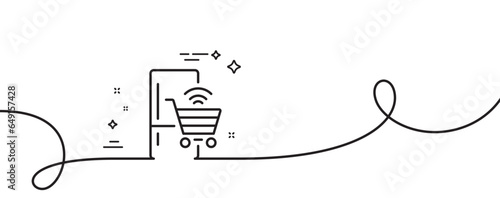 Refrigerator with online shopping line icon. Continuous one line with curl. Fridge sign. Freezer storage symbol. Refrigerator single outline ribbon. Loop curve pattern. Vector