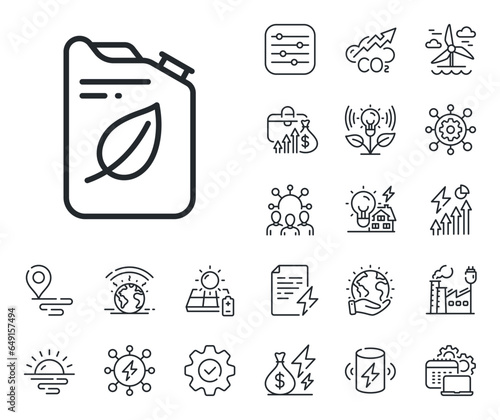 Eco diesel fuel sign. Energy, Co2 exhaust and solar panel outline icons. Canister line icon. Kerosene or gasoline container symbol. Canister line sign. Eco electric or wind power icon. Vector