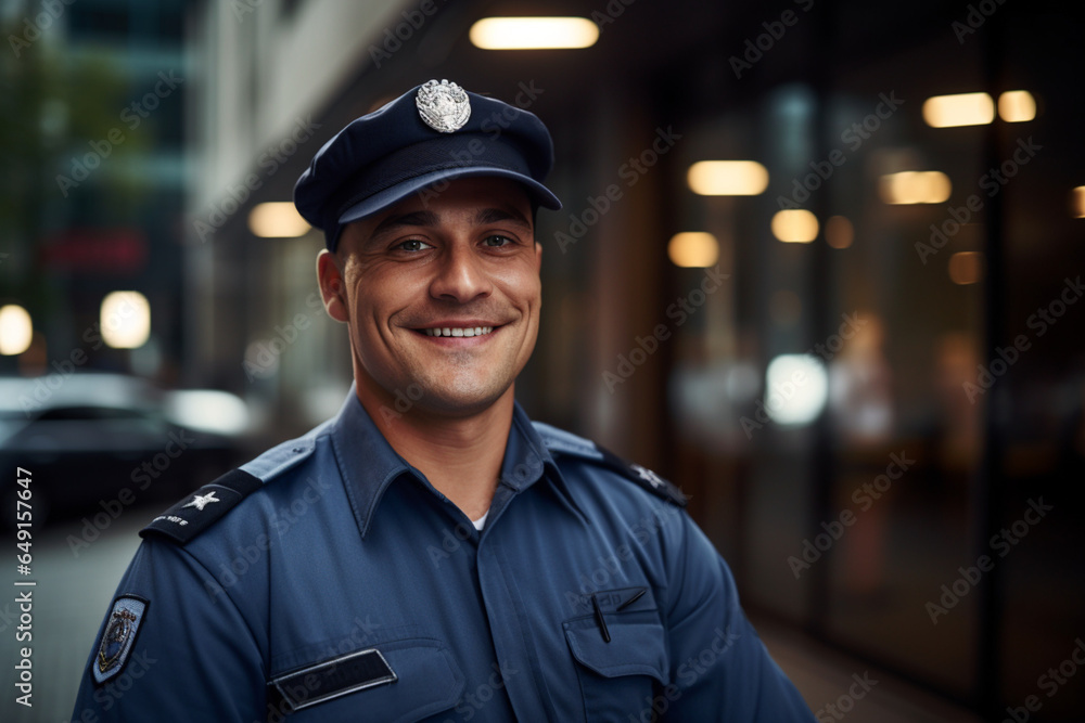 Building guard looks at the camera in a portrait while wearing his uniform and smiling Building guard looks at the camera in a portrait while wearing his uniform and smiling