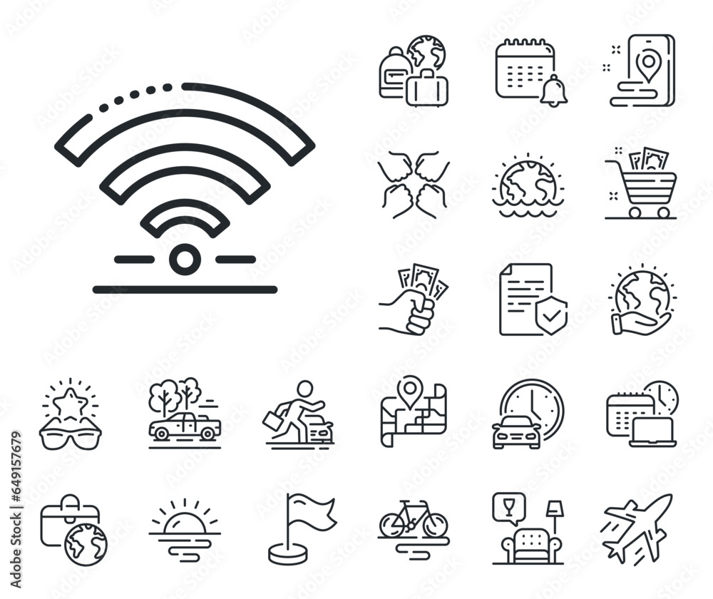 Wireless internet sign. Plane jet, travel map and baggage claim outline icons. Wifi line icon. Hotel service symbol. Wifi line sign. Car rental, taxi transport icon. Place location. Vector Wireless internet sign. Plane jet, travel map and baggage claim outline icons. Wifi line icon. Hotel service symbol. Wifi line sign. Car rental, taxi transport icon. Place location. Vector