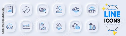 Delivery report, Column diagram and Business targeting line icons for web app. Pack of Budget, Baggage, Cardio training pictogram icons. Mattress, Search car, Bike signs. Dice. Vector