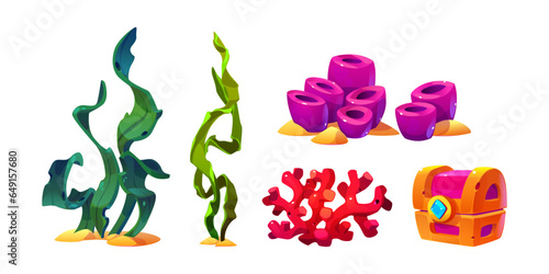 Coral, seaweed, sponge plant for underwater illustration vector. Marine element icon set for reef life on ocean bottom. Kelp grass, flourish weed, treasure chest and algae graphic design collection