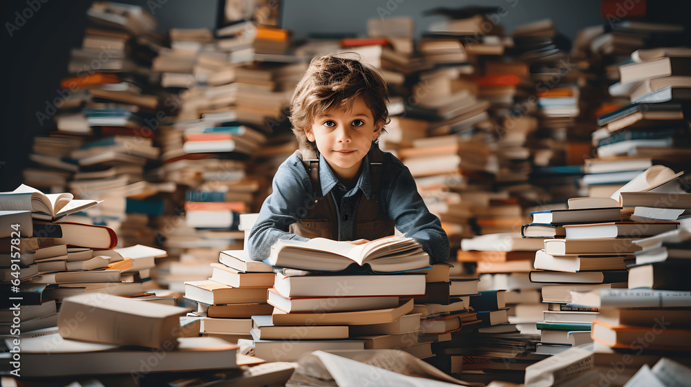 child surrounded by books - obrazy, fototapety, plakaty 