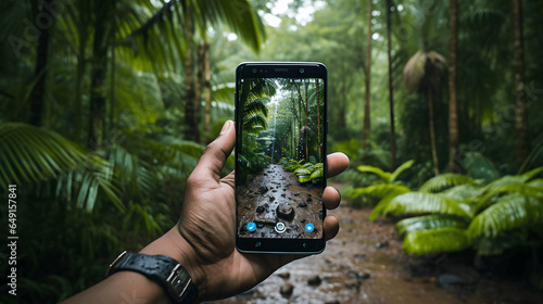 Fototapeta Naklejka Na Ścianę i Meble -  capturing the natural beauty of an jungle with a smart phone in hand.