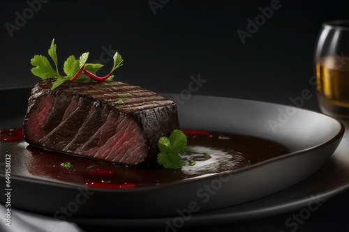 grilled steak with vegetable on the table for romantic dinner photo