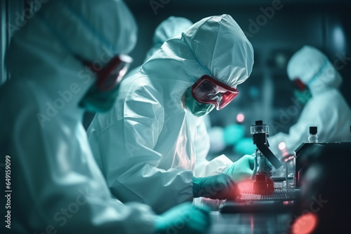 Blood, covid and doctors in a science laboratory testing dna and rna to research, analysis and analyze the chemistry, Medical scientists in hazmat suit and safety mask working on vaccine innovation