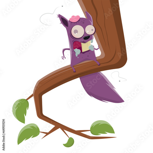 funny cartoon zombie squirrel sitting in a tree