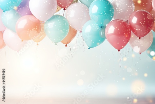 Happy birhtday greeting banner design, flying helium balloons, festive celebration background card