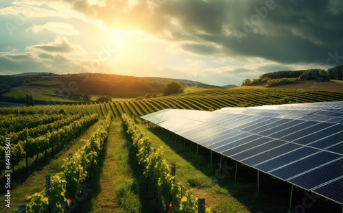 Farmland enhanced with agrivoltaics, where solar panels are intelligently integrated to provide both renewable energy generation and shade for crops. photo