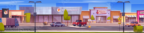 Parking lot near supermarket with cars, road signs, trees and bushes and shopping cart. Cartoon vector large mall building, grocery stores and cafe. City street landscape with parked vehicles.