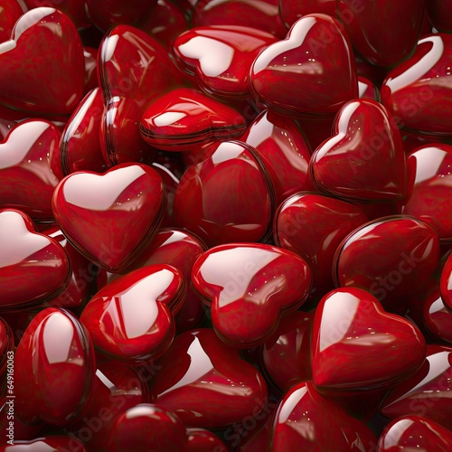 Lots of red shiny hearts background, Valentine's Day pattern, 3D illustration