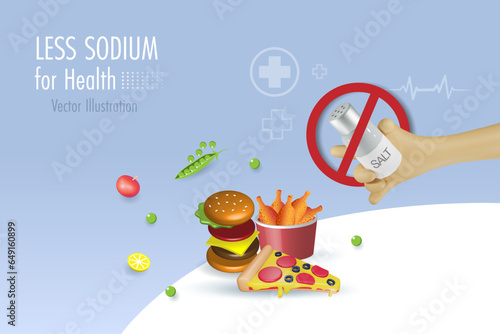 Eat less sodium chloride, less salt for health. Hand holding salt bottle with stop sign, remind not put too much salt on foods. 3D cartoon character.