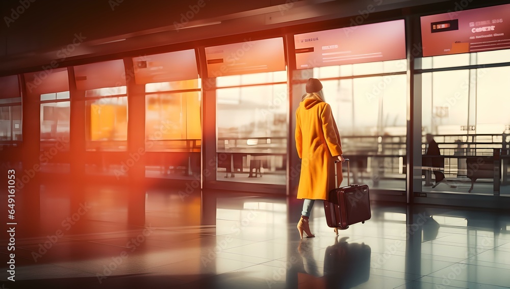 Reisende Frau am Flughafen mit Gepäck