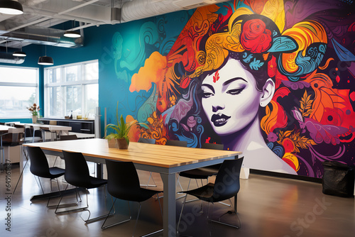 A vibrant artist's mural serves as a focal point in an open space office, inspiring creativity and sparking conversations photo