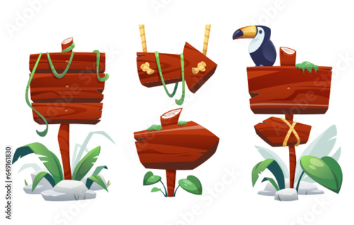 Jungle wooden sign board with toucan and stones, green grass and liana vines. Cartoon tropical forest wood frames and banners for signage and title text. Blank game signboards and arrow with plants.