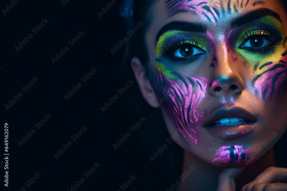 Beauty Close Up Photo, Young Female Poses with Confidence, Neon Paint Accentuating Her Facial Features Against an Low Key Studio Setting, Creating an Artistic Appearance Beauty Close Up Photo, Young Female Poses with Confidence, Neon Paint Accentuating Her Facial Features Against an Low Key Studio Setting, Creating an Artistic Appearance