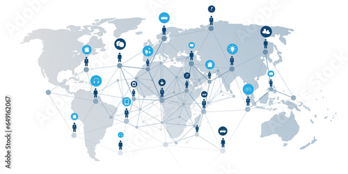 Modern Style Global Networks, Worldwide Business, IT Connections - Social Media Concept Design with Globally Connected People, Geometric Polygonal Mesh, Icons and World Map - Isolated Vector Template