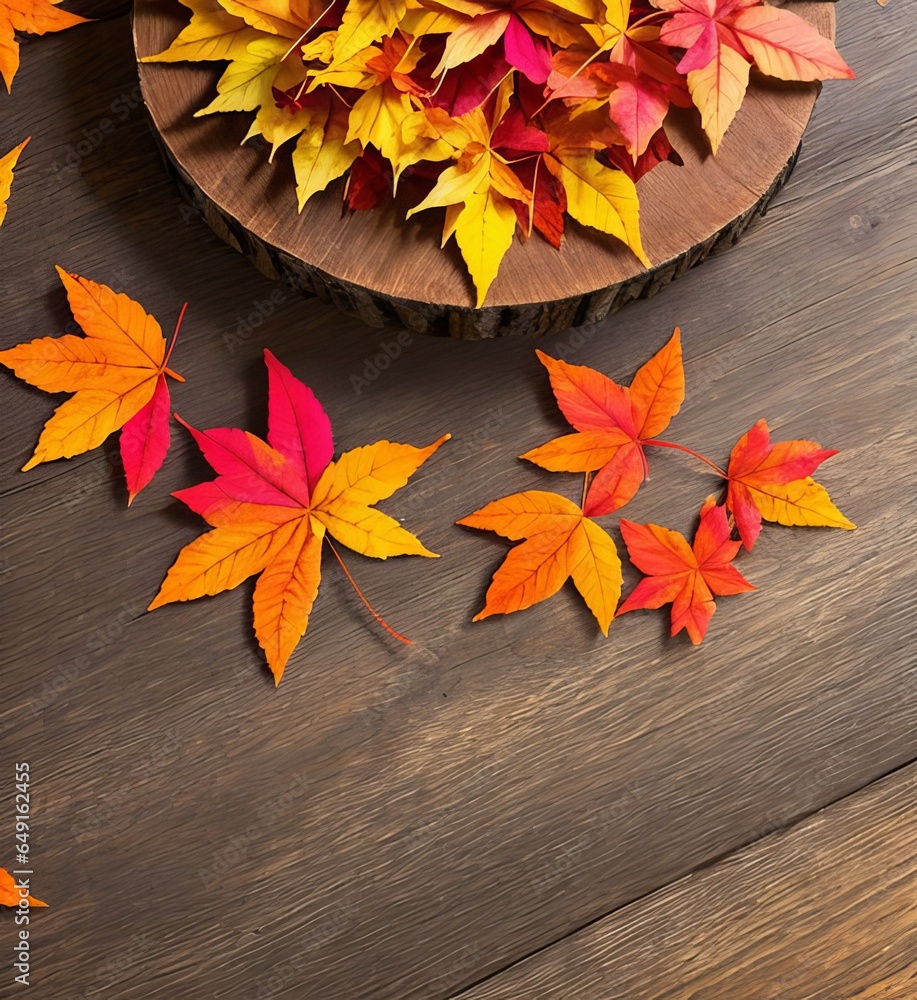 Obraz premium Colorful autumn leaves on a wooden table, change of seasons, golden autumn