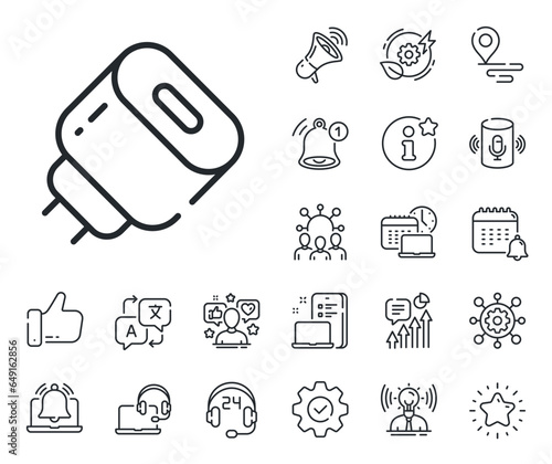 Mobile accessories sign. Place location, technology and smart speaker outline icons. Charging adapter line icon. Charging plug symbol. Charging adapter line sign. Vector