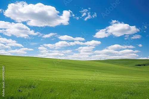 Landscape view of green grass field on slope  blue sky and clouds background.