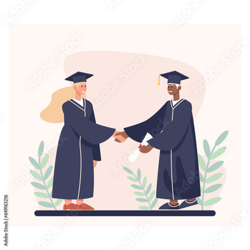 Young female shaking hands to American professor. Academician gives student diploma. Graduation party concept. Graduating from university concept. Flat vector illustration in cartoon style