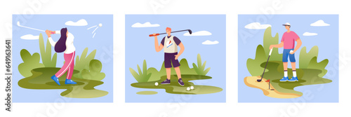 Set of people engaged in sport. Female hits ball with stick. Concept of playing golf. Young men playing golf outside. Flat vector illustration in cartoon style in blue and green colors