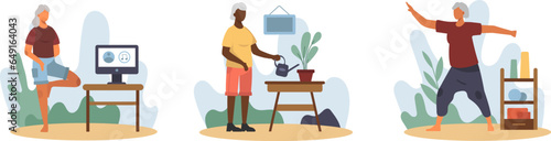 Old woman standing near computer, listen to music and training. American lady watering plant at home. Woman performing yoga exercises. Flat vector illustration in cartoon style