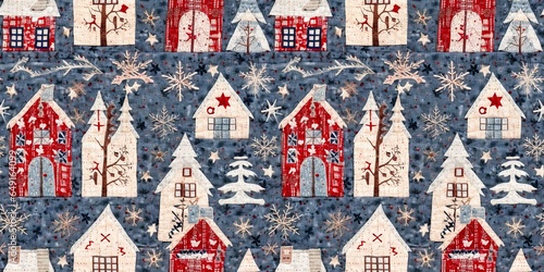 Rustic country christmas cottage with primitive hand sewing fabric effect. border. Cozy nostalgic shabby chic homespun ribbon trim with americana winter handmade crafts style edging.