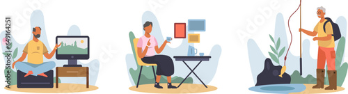 Old man sitting on armchair, watching TV and resting. Senior woman holding cup of tea. Fisherman holding fishing rod and fishing. Flat vector illustration in cartoon style