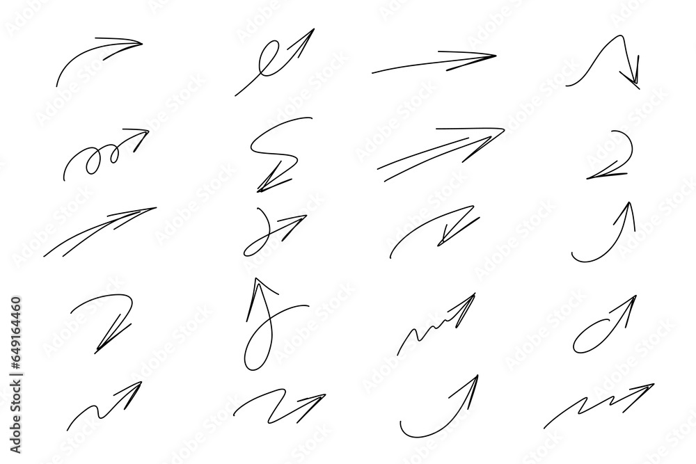 Sketch hand drawn marker arrows, underline,  lines, emphasis, waves set. Hand drawn brush arrow check mark underline. Vector freehand illustration on white background. - obrazy, fototapety, plakaty 