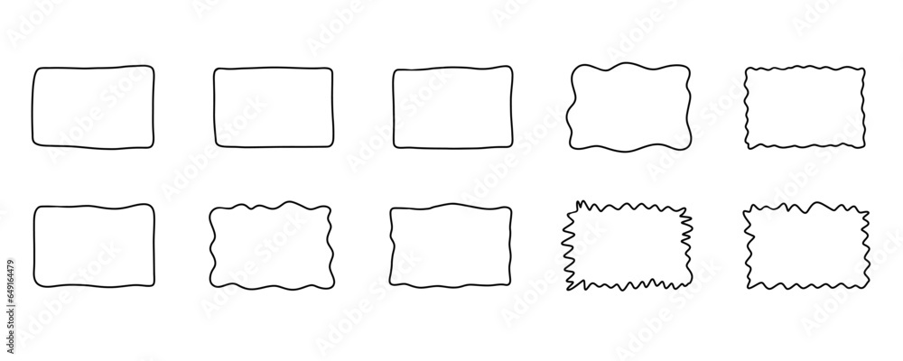 Rectangle frame set. Doodle wavy curve deformed textured frames. Border sketch. Vector illustration isolated on a white background. Rectangle frame set. Doodle wavy curve deformed textured frames. Border sketch. Vector illustration isolated on a white background.