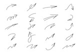 Sketch hand drawn marker arrows, underline, lines, emphasis, waves set. Hand drawn brush arrow check mark underline. Vector freehand illustration on white background.