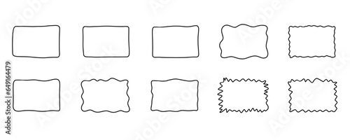 Rectangle frame set. Doodle wavy curve deformed textured frames. Border sketch. Vector illustration isolated on a white background.