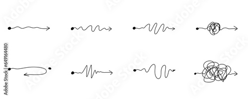 Arrow set. Chaos mind brain, problem solving and business solution searching challenge concept. Complex and easy simple path way from start to end. Hand drawn vector doodle scribble chaos path lines.