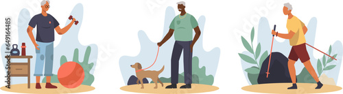 Set of active males spending time outside. Man holding dumbbells and training. American male walking with dog. Healthy lifestyle concept. Flat vector illustration in cartoon style