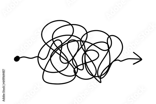 Chaos mind brain arrow, problem solving and business solution searching challenge concept. Complex and easy simple path way from start to end. Hand drawn vector doodle scribble chaos path lines.