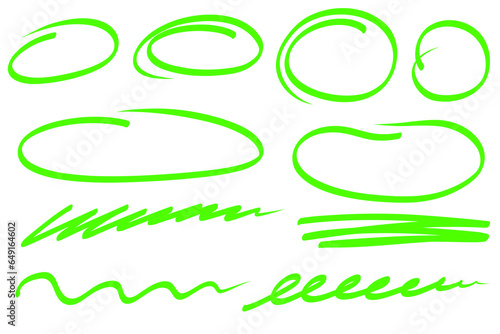 Hand drawn marker ovals and lines. Highlight marker underlines scribble doodle circle set. Ovals and ellipses line template. Stock vector illustration isolated on white background.