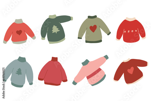 Hand drawn Sweater. Cartoon sweaters set. Knitted comfort christmas winter clothing. Wool cozy cute hand drawn cardigan. Vector illustration isolated on white background. photo