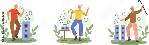 Romantic old male and females dancing outside. Modern senior people spending time and resting. Recreation concept. Flat vector illustration in green colors in cartoon style