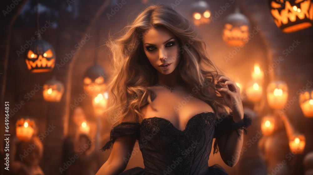 Fantastic woman wearing black costume dressed as witch holding pumpkin to celebration of halloween party