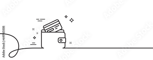 Wallet with Credit card line icon. Continuous one line with curl. Cash money sign. Payment method symbol. Debit card single outline ribbon. Loop curve pattern. Vector