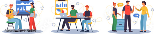 Young woman and male holding tablets and talking in office. Team talking and sharing ideas with each other. Business center concept. Flat vector illustration in cartoon style