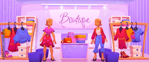 Fashion boutique interior design. Vector cartoon illustration of showroom with female mannequins wearing stylish clothes, racks with dresses and shirts on hangers, boxes with shoes, nameplate on wall