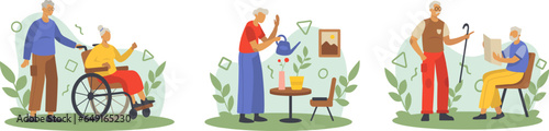 Old man standing near wife on wheelchair. Old woman watering flowers in pots. Seniors males spending time together, talking and reading newspaper. Flat vector illustration in cartoon style